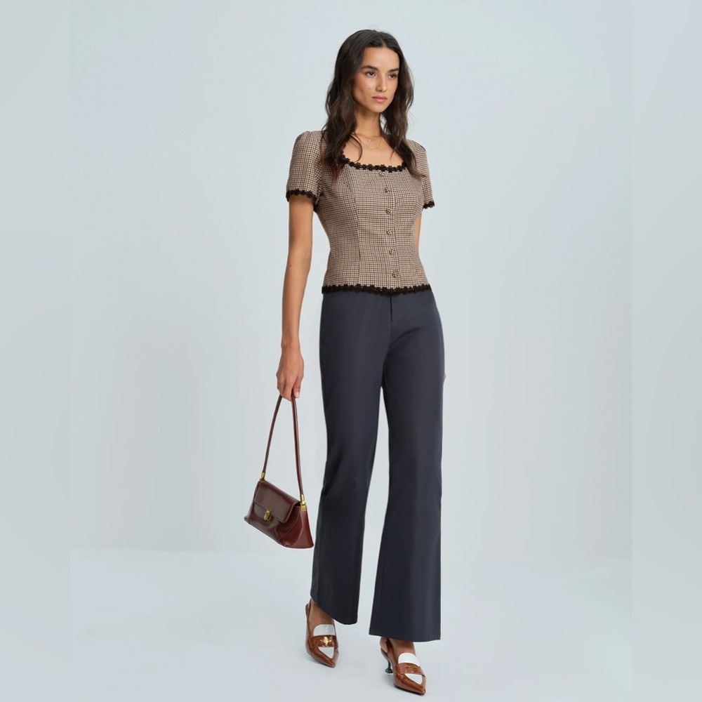 Coffee Square Neck Plaid Blouse - Picture 5 of 9